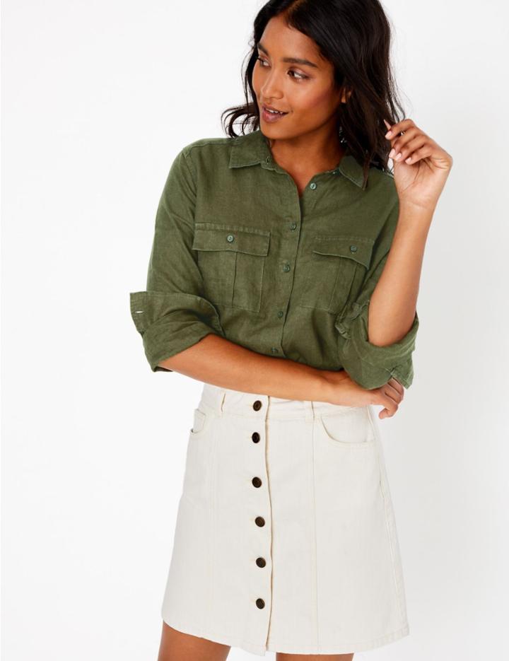 Marks & Spencer Pure Linen Utility Shirt Khaki