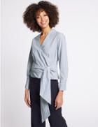 Marks & Spencer Pure Cotton Striped Long Sleeve Wrap Blouse Blue Mix