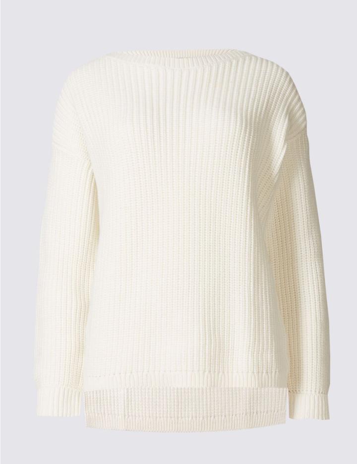 Marks & Spencer Pure Cotton Fisherman Rib Slash Neck Jumper Cream