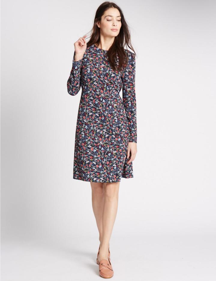 Marks & Spencer Floral Print Fuller Bust Skater Dress Blue Mix