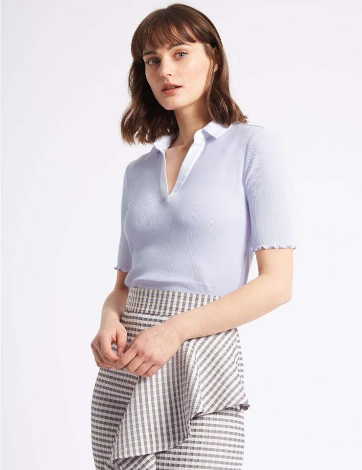 Marks & Spencer Cotton Rich Textured Polo Shirt Lilac