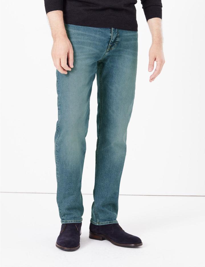 Marks & Spencer Straight Fit Cotton Vintage Wash Jeans Medium Blue