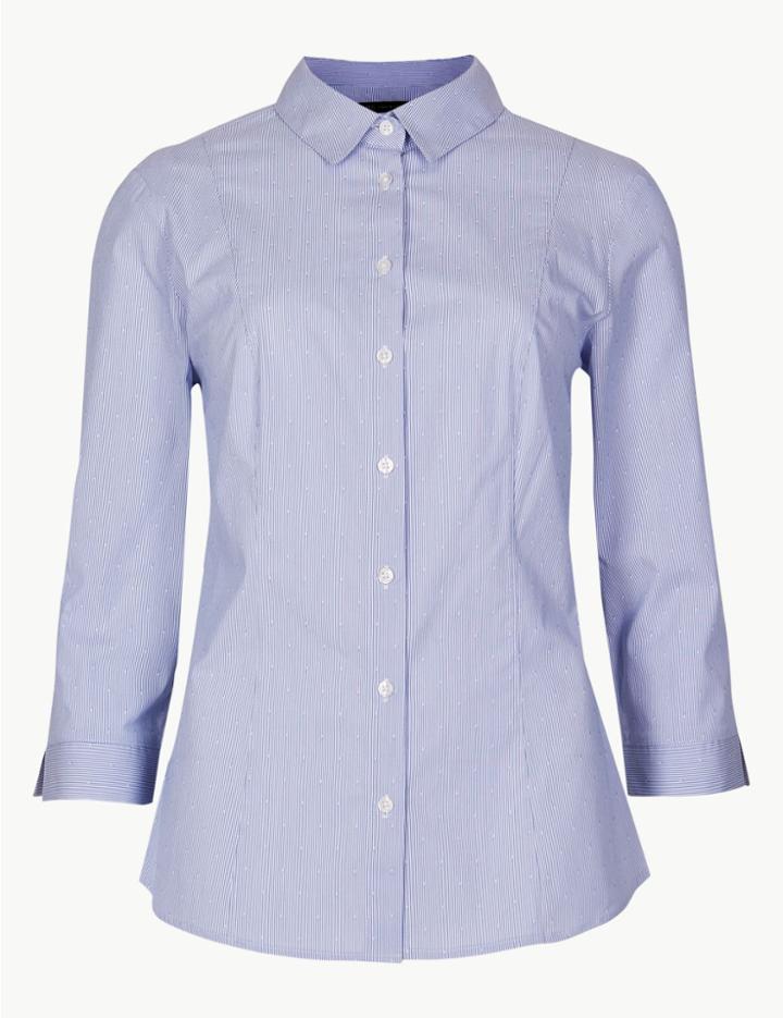 Marks & Spencer Cotton Rich Striped 3/4 Sleeve Shirt Blue