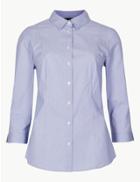 Marks & Spencer Cotton Rich Striped 3/4 Sleeve Shirt Blue