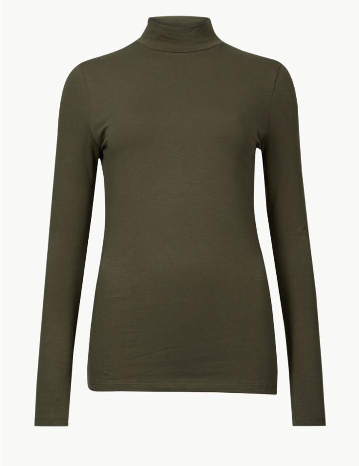 Marks & Spencer Cotton Rich Funnel Neck Long Sleeve T-shirt Hunter Green