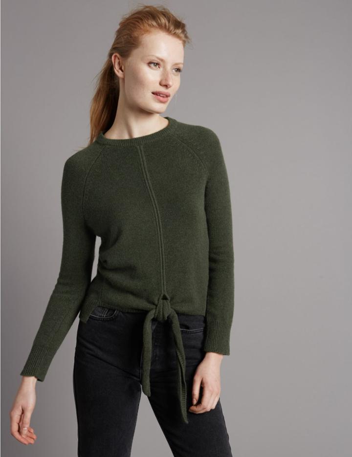 Marks & Spencer Pure Cashmere Ribbed Tie Front Jumper Olive