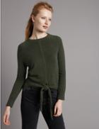 Marks & Spencer Pure Cashmere Ribbed Tie Front Jumper Olive
