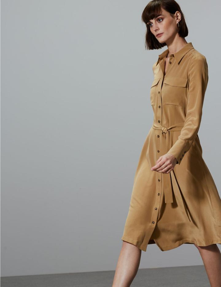 Marks & Spencer Pure Silk Patch Pocket Shirt Midi Dress Camel