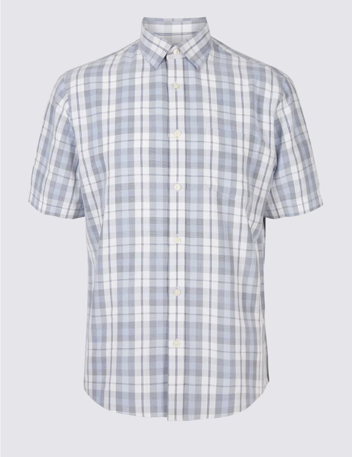 Marks & Spencer Easy Care Modal Rich Shirt With Pocket Bright Blue Mix