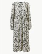Marks & Spencer Animal Print Long Sleeve Relaxed Midi Dress Ivory Mix