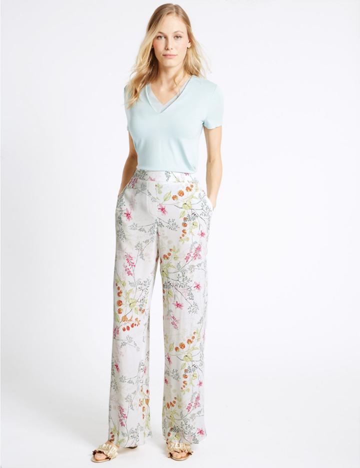 Marks & Spencer Floral Print Wide Leg Trousers Cream Mix