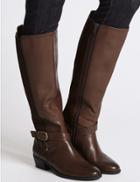Marks & Spencer Leather Block Heel Strap Knee High Boots Chocolate