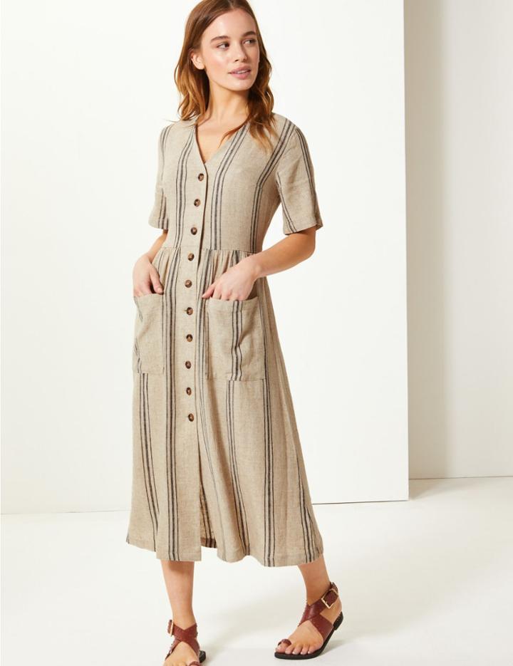 Marks & Spencer Petite Linen Rich Striped Waisted Midi Dress Natural Mix