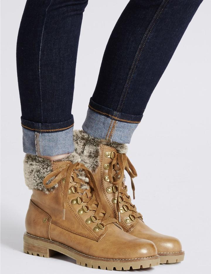 Marks & Spencer Faux Fur Hiker Ankle Boots Tan