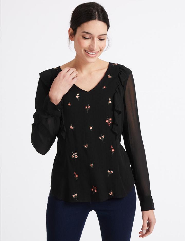 Marks & Spencer Embroidered V-neck Long Sleeve Blouse Black