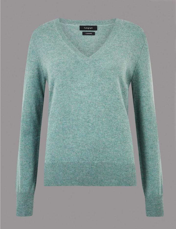 Marks & Spencer Pure Cashmere V-neck Jumper Blue/green