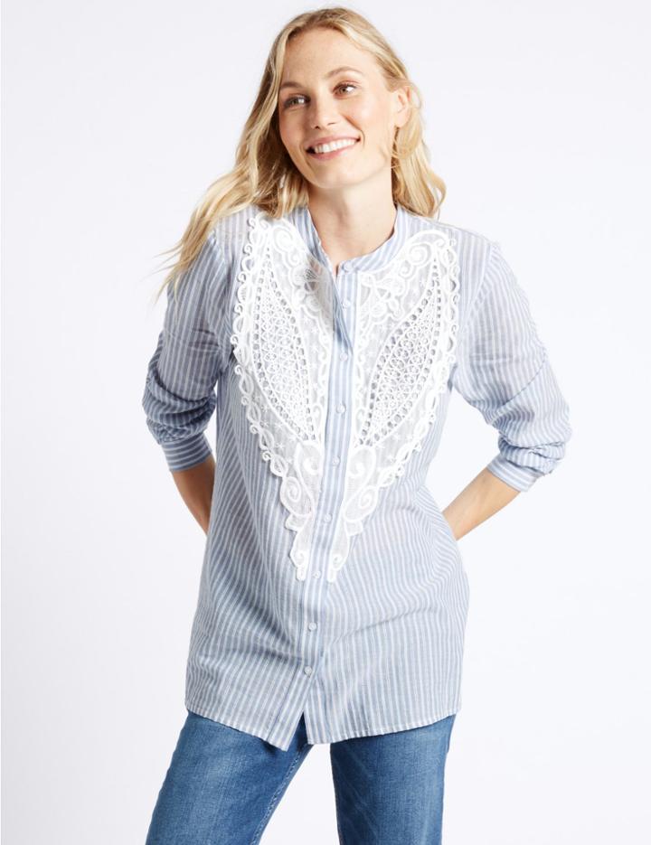 Marks & Spencer Pure Cotton Striped Lace Overlay Shirt Blue Mix