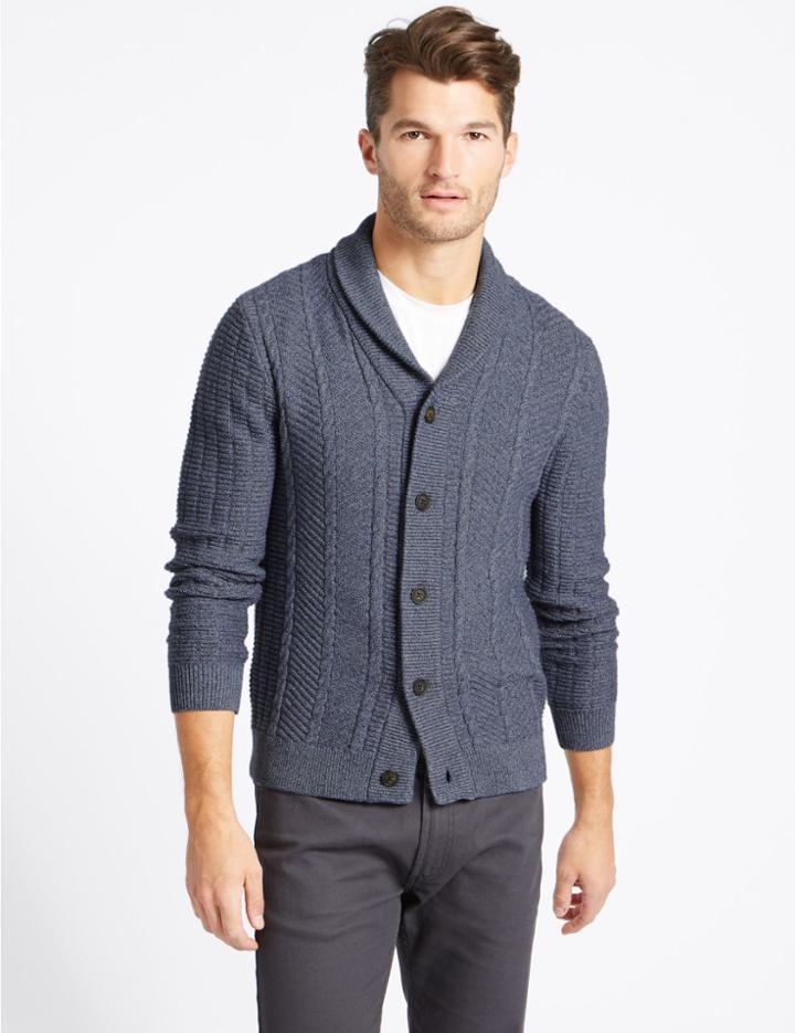 Marks & Spencer Cotton Rich Textured Cardigan Blue Denim