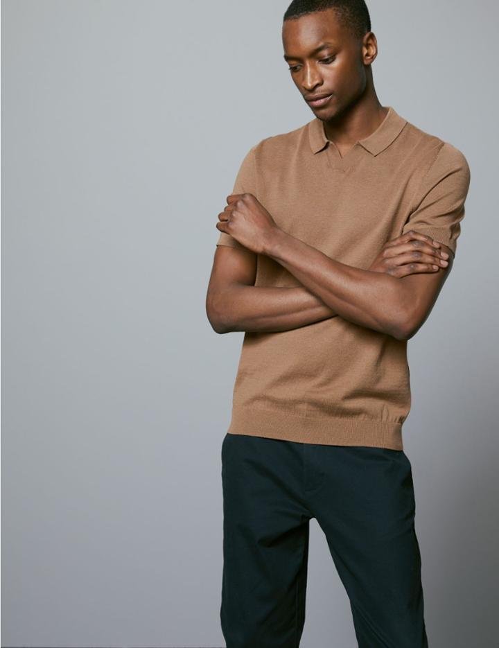 Marks & Spencer Cotton Blend Slim Fit Polo Shirt Light Brown