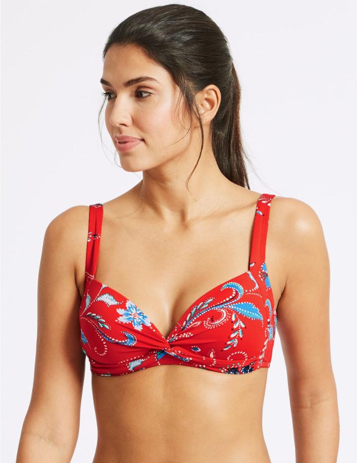 Marks & Spencer Floral Print Non-wired Plunge Bikini Top Red Mix