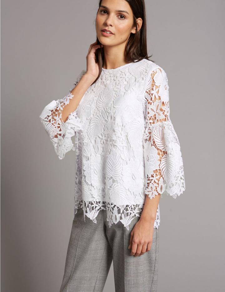 Marks & Spencer Lace Round Neck 3/4 Sleeve Blouse White