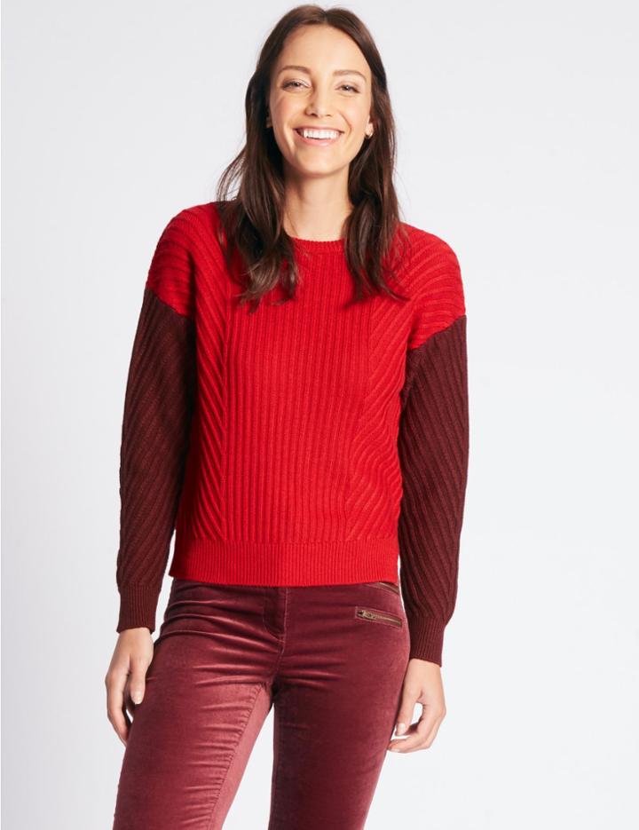Marks & Spencer Wool Rich Colour Block Round Neck Jumper Red Mix
