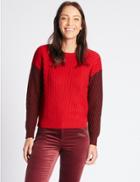 Marks & Spencer Wool Rich Colour Block Round Neck Jumper Red Mix