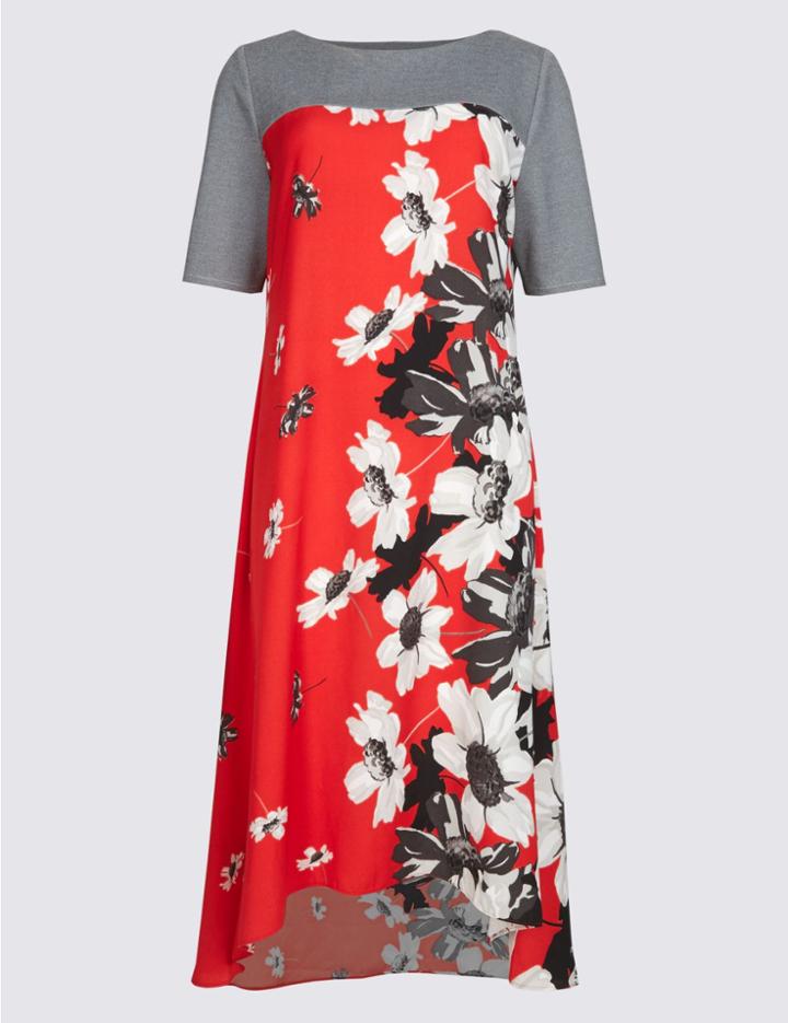 Marks & Spencer Floral Print Short Sleeve Swing Midi Dress Red Mix