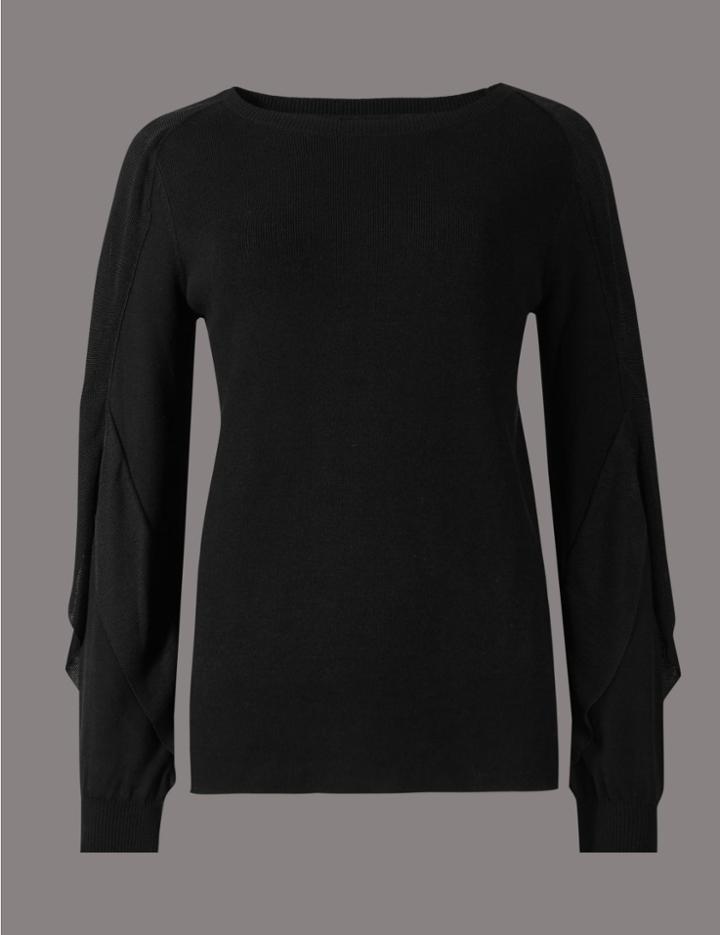 Marks & Spencer Round Neck Frill Sleeve Jumper Black