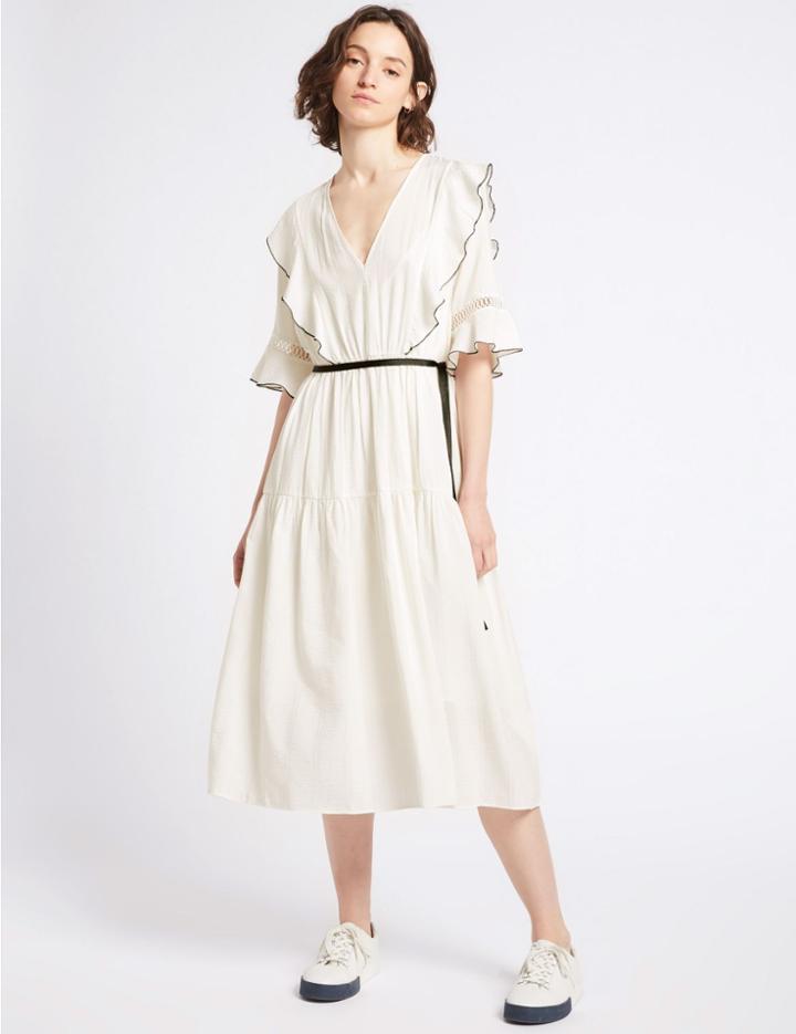 Marks & Spencer Seersucker Insert Half Sleeve Tea Midi Dress Ivory