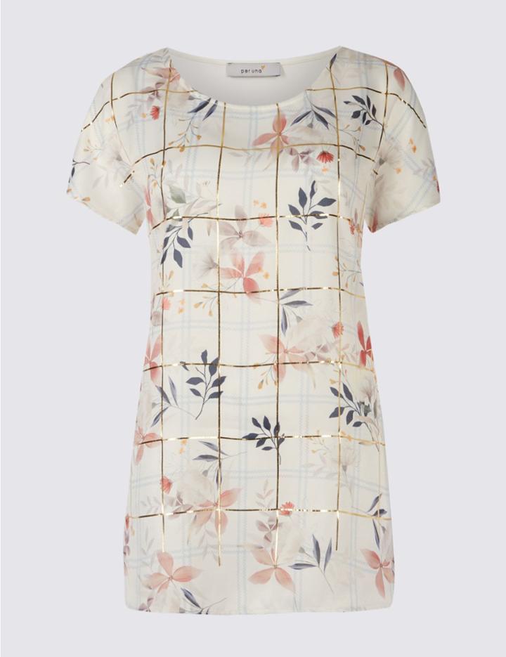 Marks & Spencer Floral Print Foil Short Sleeve Tunic Ivory Mix