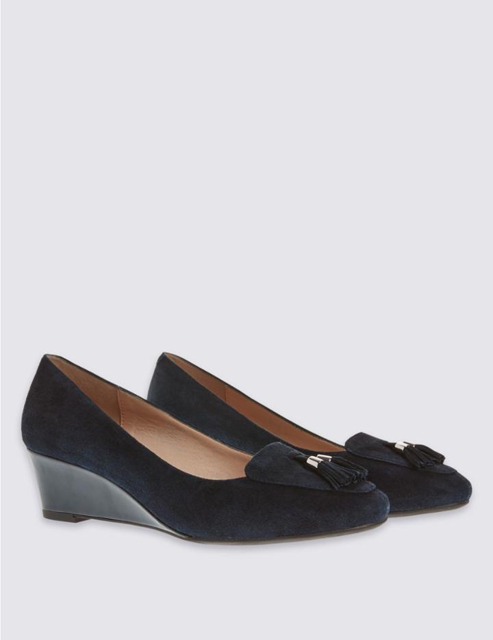 Marks & Spencer Wide Fit Suede Wedge Heel Court Shoes Navy