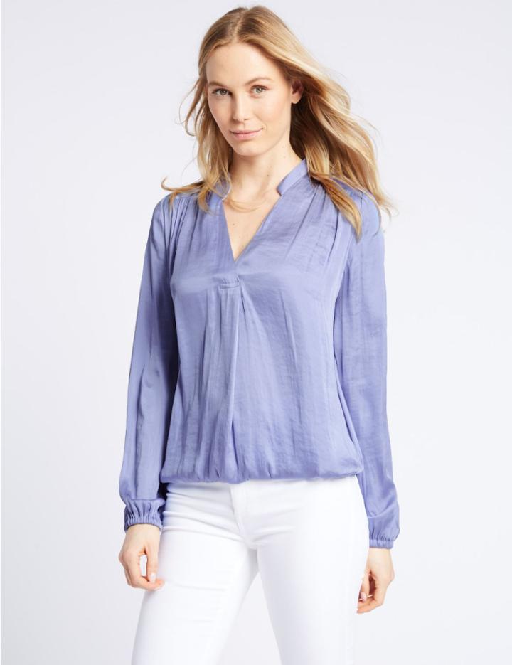Marks & Spencer Satin Notch Neck Popover Long Sleeve Blouse Navy