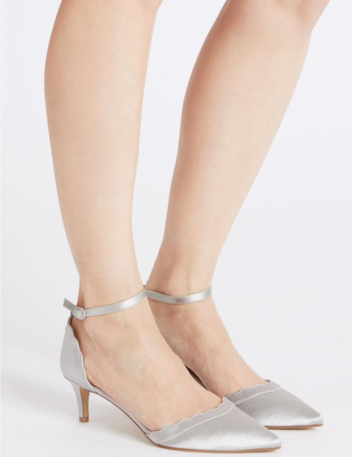 Marks & Spencer Kitten Heel Scallop Court Shoes Silver