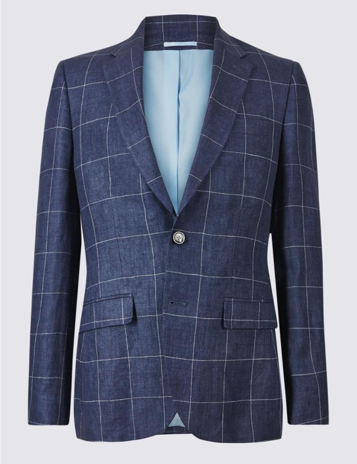 Marks & Spencer Pure Linen Checked 2 Button Jacket Navy