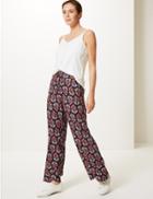 Marks & Spencer Floral Print Wide Leg High Waist Trousers Navy Mix