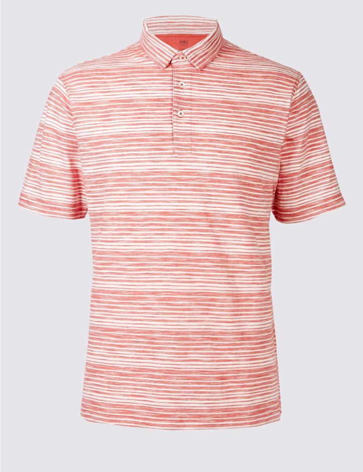 Marks & Spencer Pure Cotton Striped Polo Shirt Coral Mix