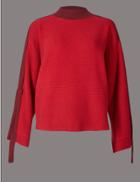 Marks & Spencer Cotton Blend Ribbed Strap Sleeve Jumper Crimson