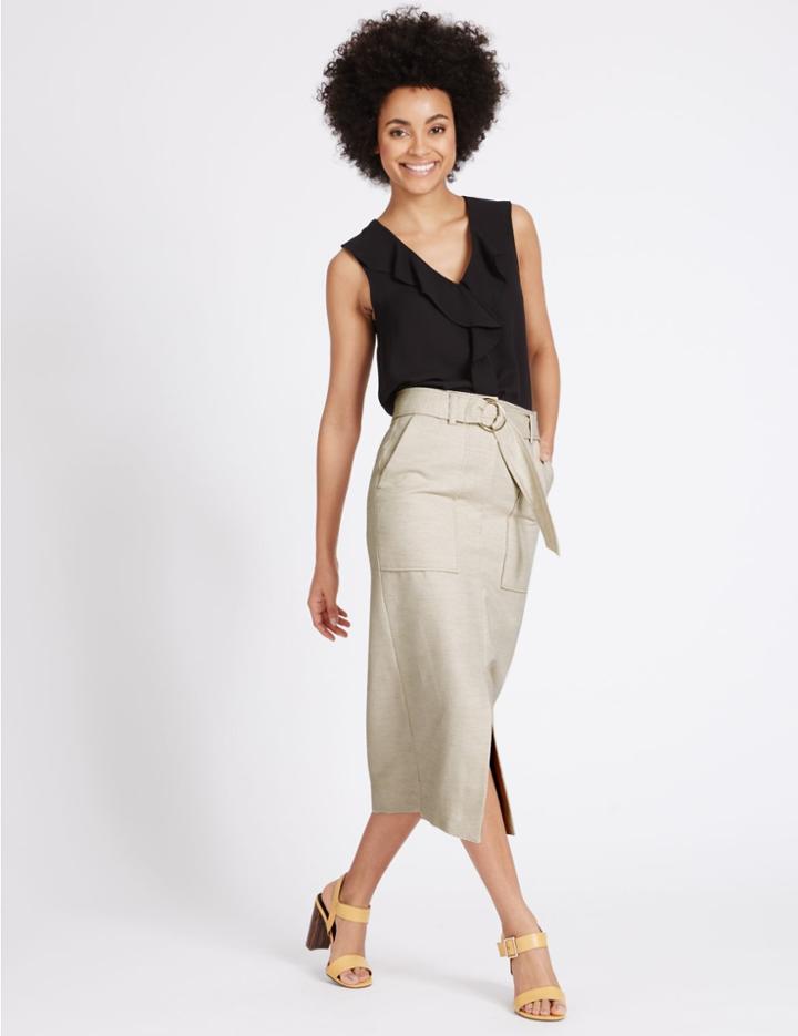 Marks & Spencer Cotton Blend Belted Pencil Midi Skirt Neutral