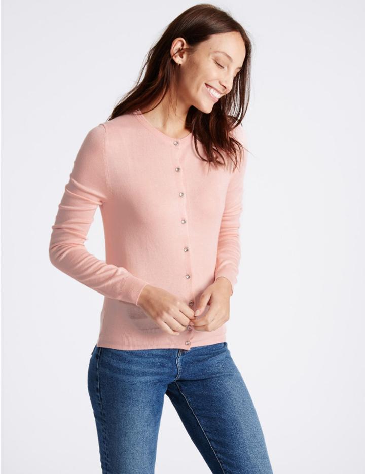 Marks & Spencer Ribbed Round Neck Cardigan Pale Pink
