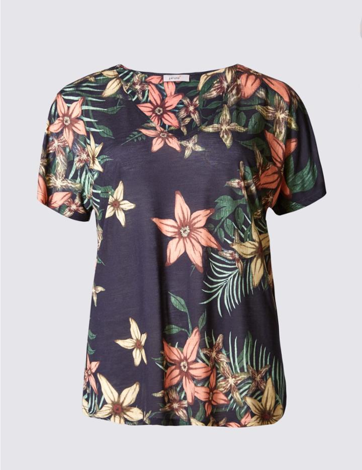 Marks & Spencer Floral Print V-neck Short Sleeve T-shirt Navy Mix