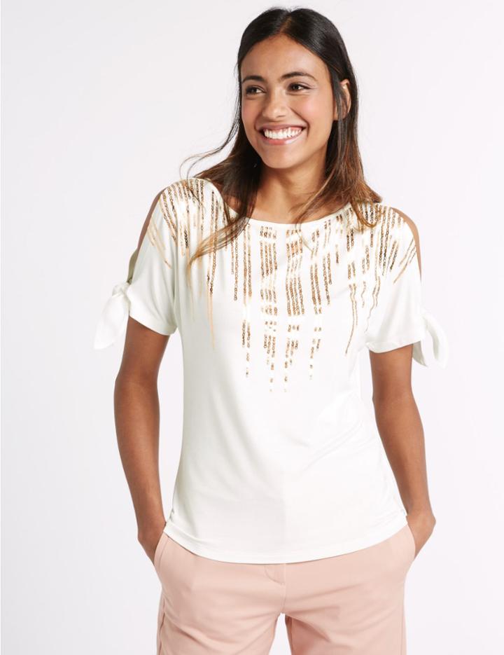 Marks & Spencer Foil Print Split Sleeve Jersey Top Ivory Mix