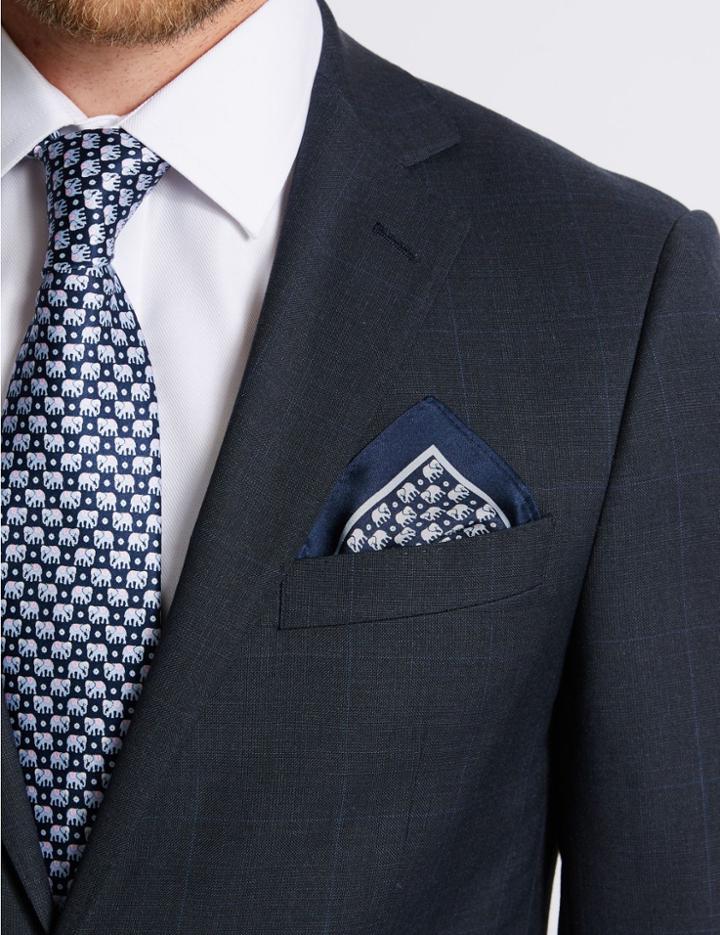 Marks & Spencer Pure Silk Elephant Print Pocket Square Navy Mix