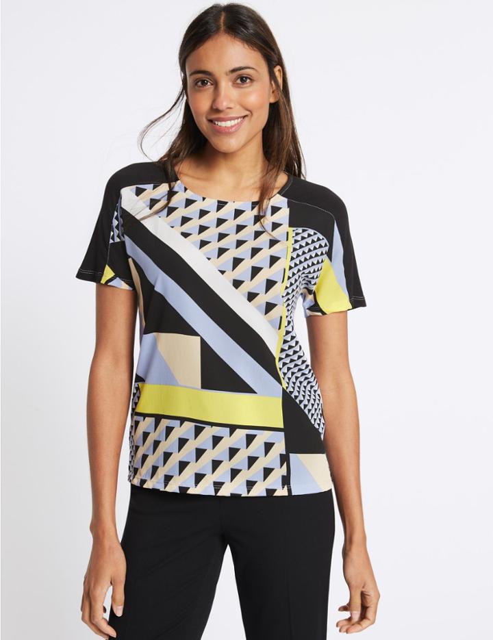 Marks & Spencer Geo Print Woven Front Short Sleeve T-shirt Blue Mix