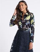 Marks & Spencer Floral Print Satin Long Sleeve Shirt Navy Mix