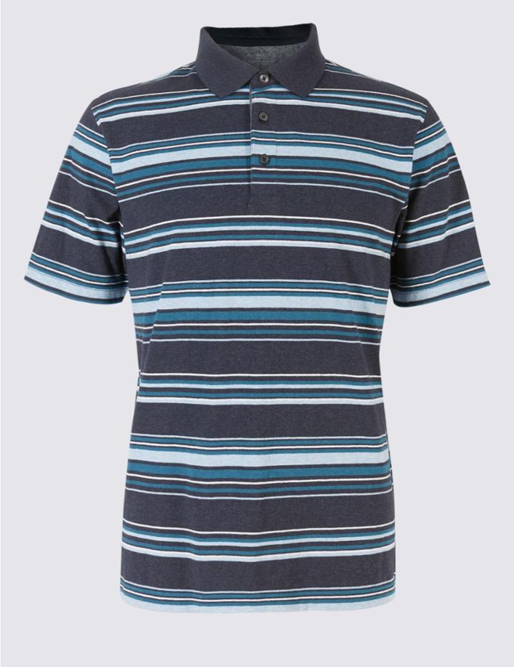 Marks & Spencer Pure Cotton Striped Polo Shirt Navy Marl
