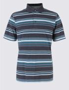 Marks & Spencer Pure Cotton Striped Polo Shirt Navy Marl