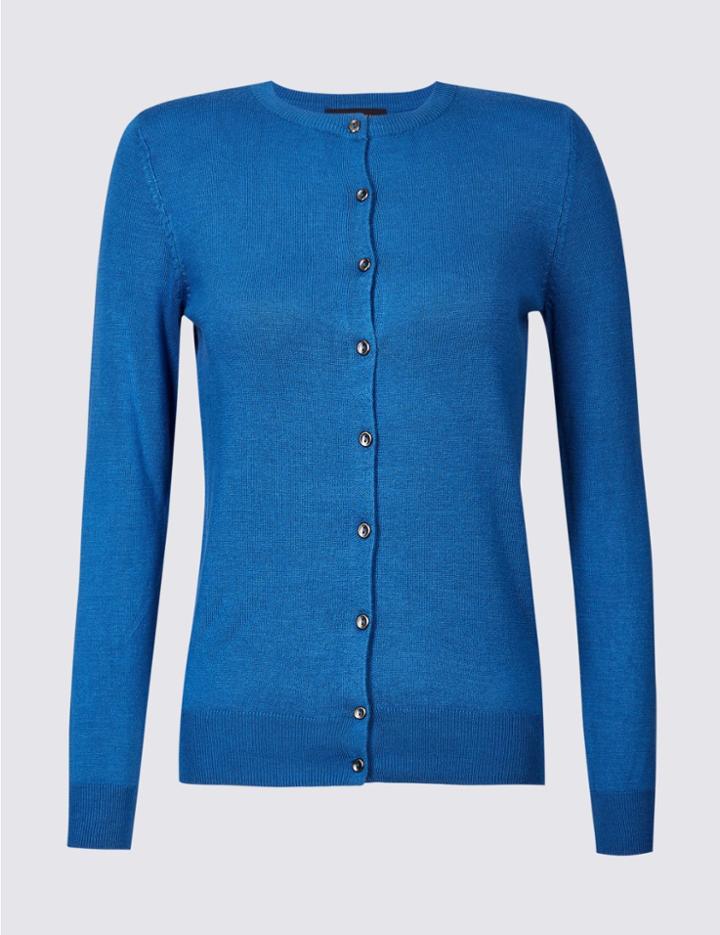 Marks & Spencer Ribbed Round Neck Cardigan Bright Blue