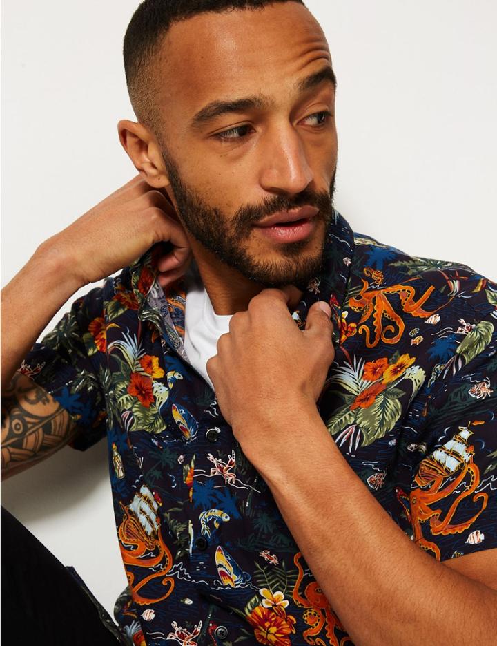 Marks & Spencer Cotton Rich Hawaiian Palm Print Shirt Navy Mix