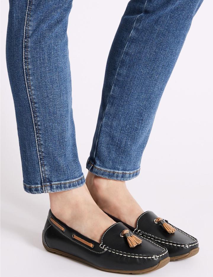 Marks & Spencer Wide Fit Leather Boat Shoes Navy